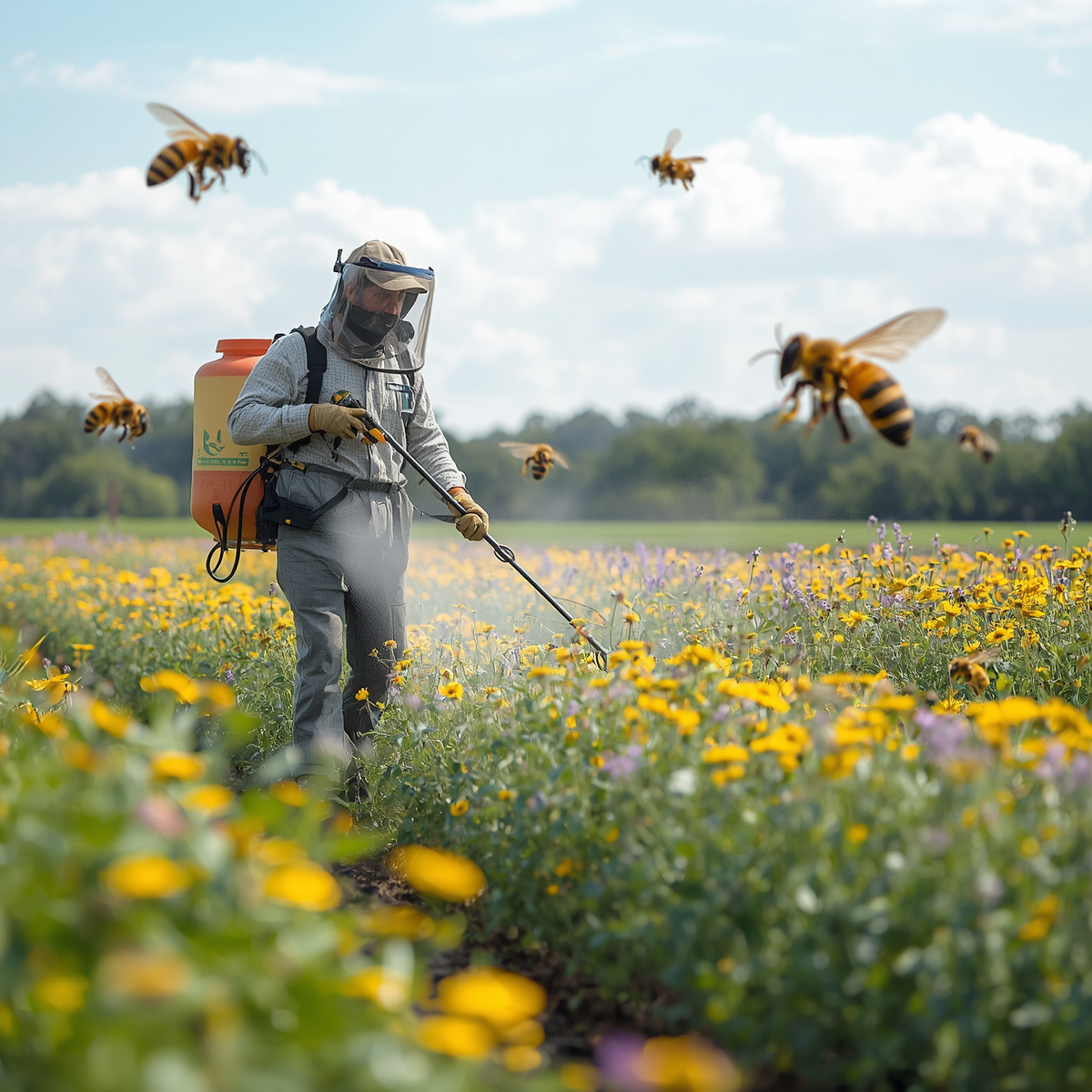 Agricultor aplicando un producto fitosanitario en un cultivo con abejas polinizando el entorno